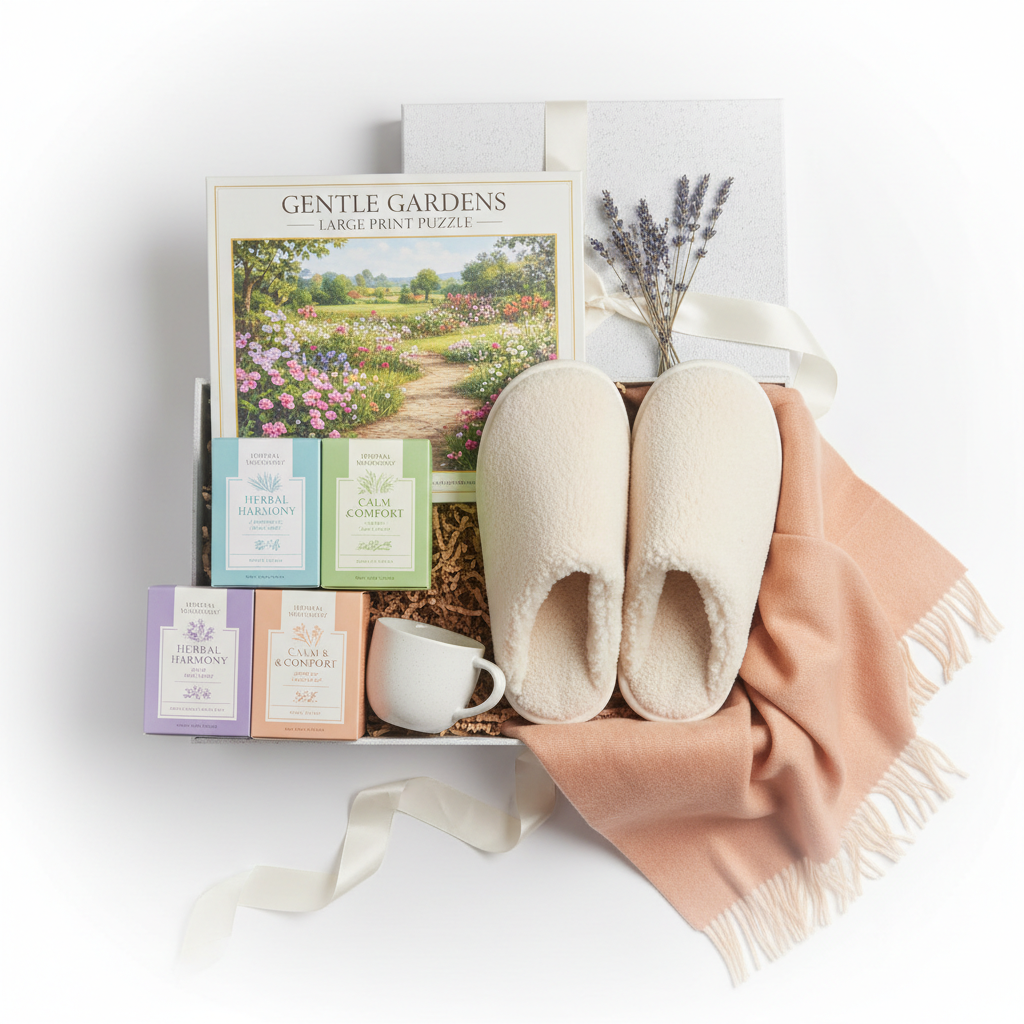 Pure Comfort Box - soft slippers, herbal teas and large-print puzzle gift for 80+