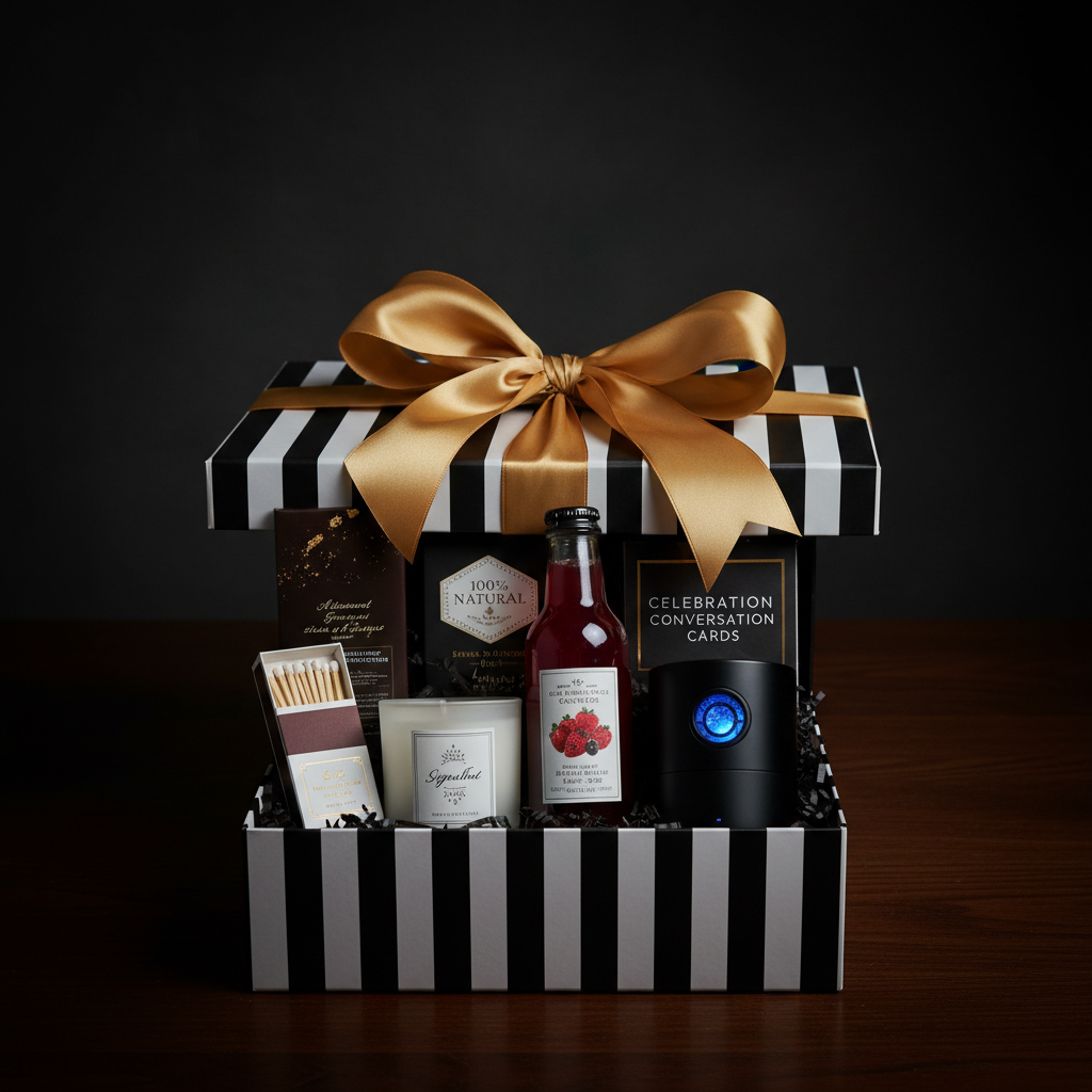 The Birthday Indulgence Box - 1in99 Gifts signature black and white hamper with gold ribbon