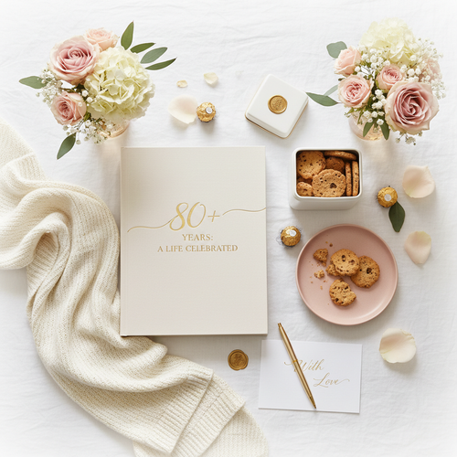 A Life Celebrated Hamper - memory book, flowers and warm blanket gift for 80+
