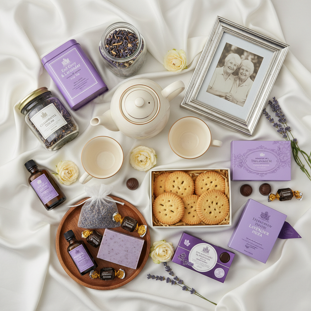 Timeless Elegance Hamper - fine teas, shortbread, photo frame and lavender gift for seniors 65-79