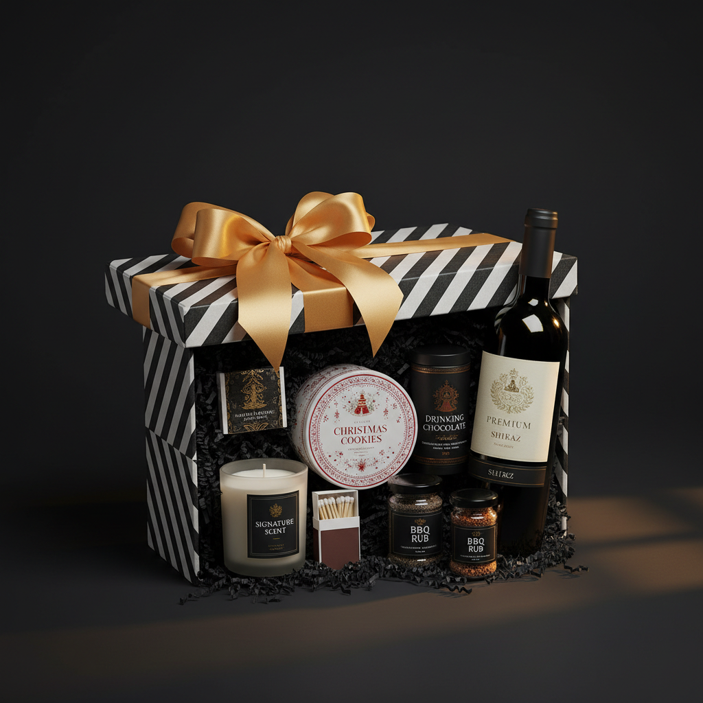 The Christmas Joy Hamper - 1in99 Gifts signature black and white hamper with gold ribbon
