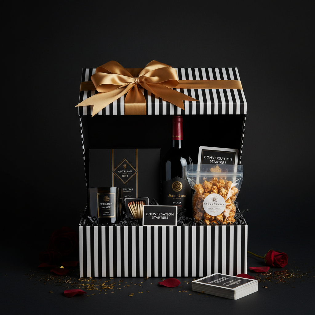The Valentine's Luxury Set - 1in99 Gifts signature black and white hamper with gold ribbon