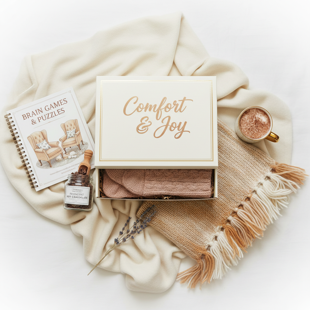 Comfort & Joy Box - cosy socks, puzzle book, hot chocolate and throw blanket gift