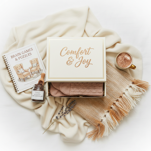 Comfort & Joy Box - cosy socks, puzzle book, hot chocolate and throw blanket gift