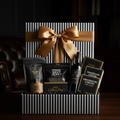 The Father's Day Essentials Box - 1in99 Gifts signature black and white hamper with gold ribbon