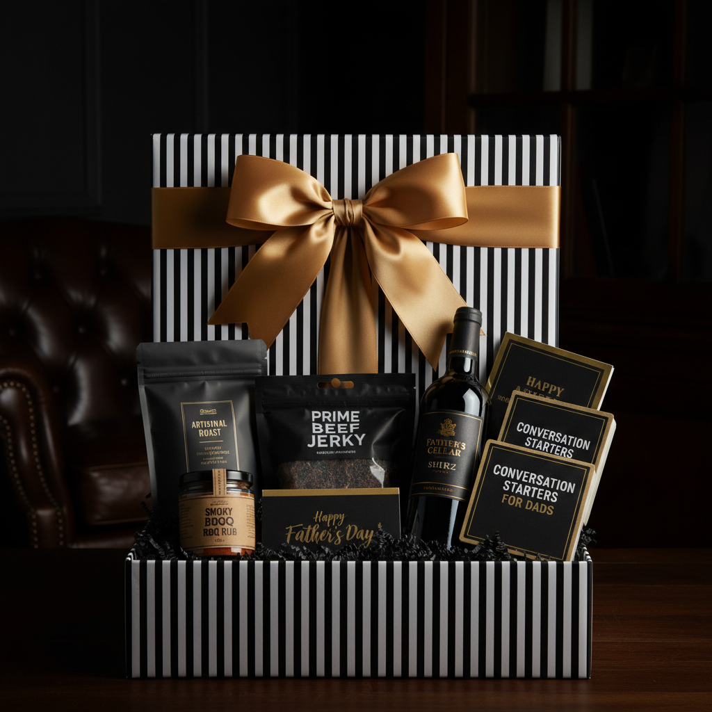 The Father's Day Essentials Box - 1in99 Gifts signature black and white hamper with gold ribbon