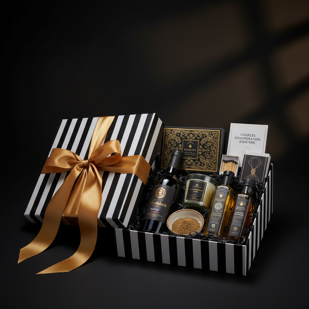The Anniversary Celebration Hamper - 1in99 Gifts signature black and white hamper with gold ribbon