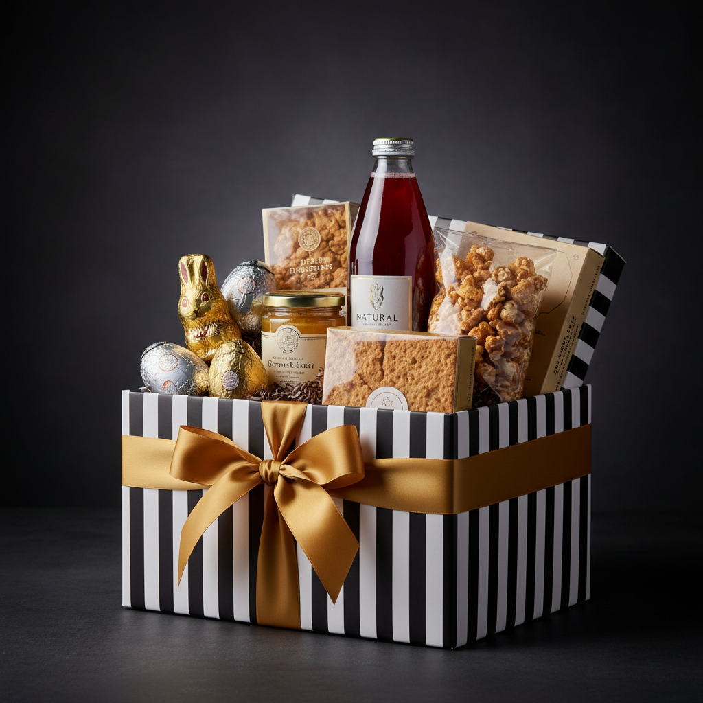 The Easter Treat Box - 1in99 Gifts signature black and white hamper with gold ribbon