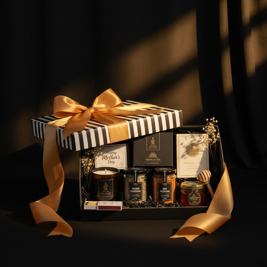 The Mother's Day Pamper Hamper - 1in99 Gifts signature black and white hamper with gold ribbon